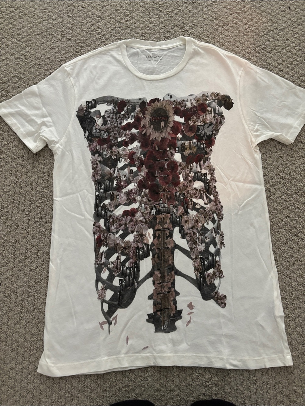All Saints White Short Sleeve Tee with Floral Ribcage Motif
